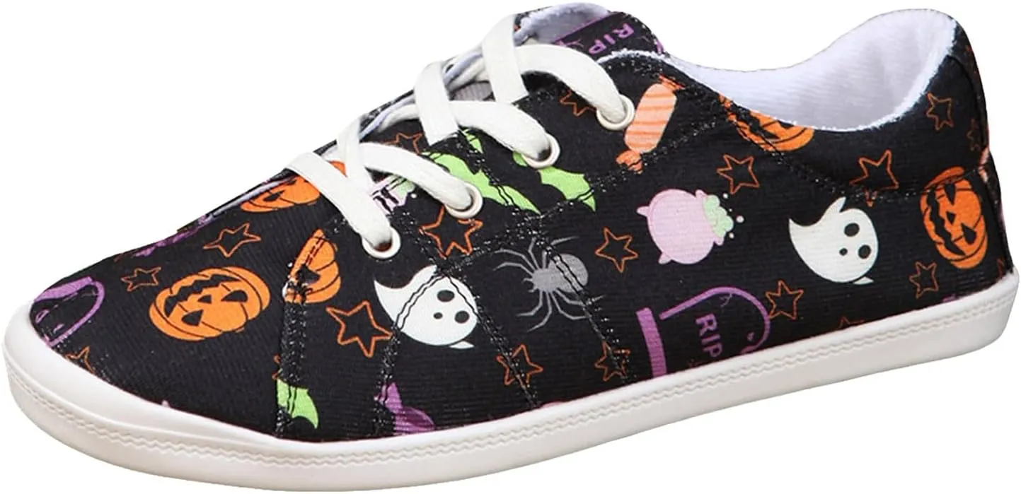 2024 Women's Fashion Halloween Canvas Shoes,Slip-On Flats Pumpkin Shoes,Canvas Low Top Sneakers,Skeleton Pumpkin Printed Lace Up Flat Walking Shoes,Casual Lace Up Low Top Sneakers
