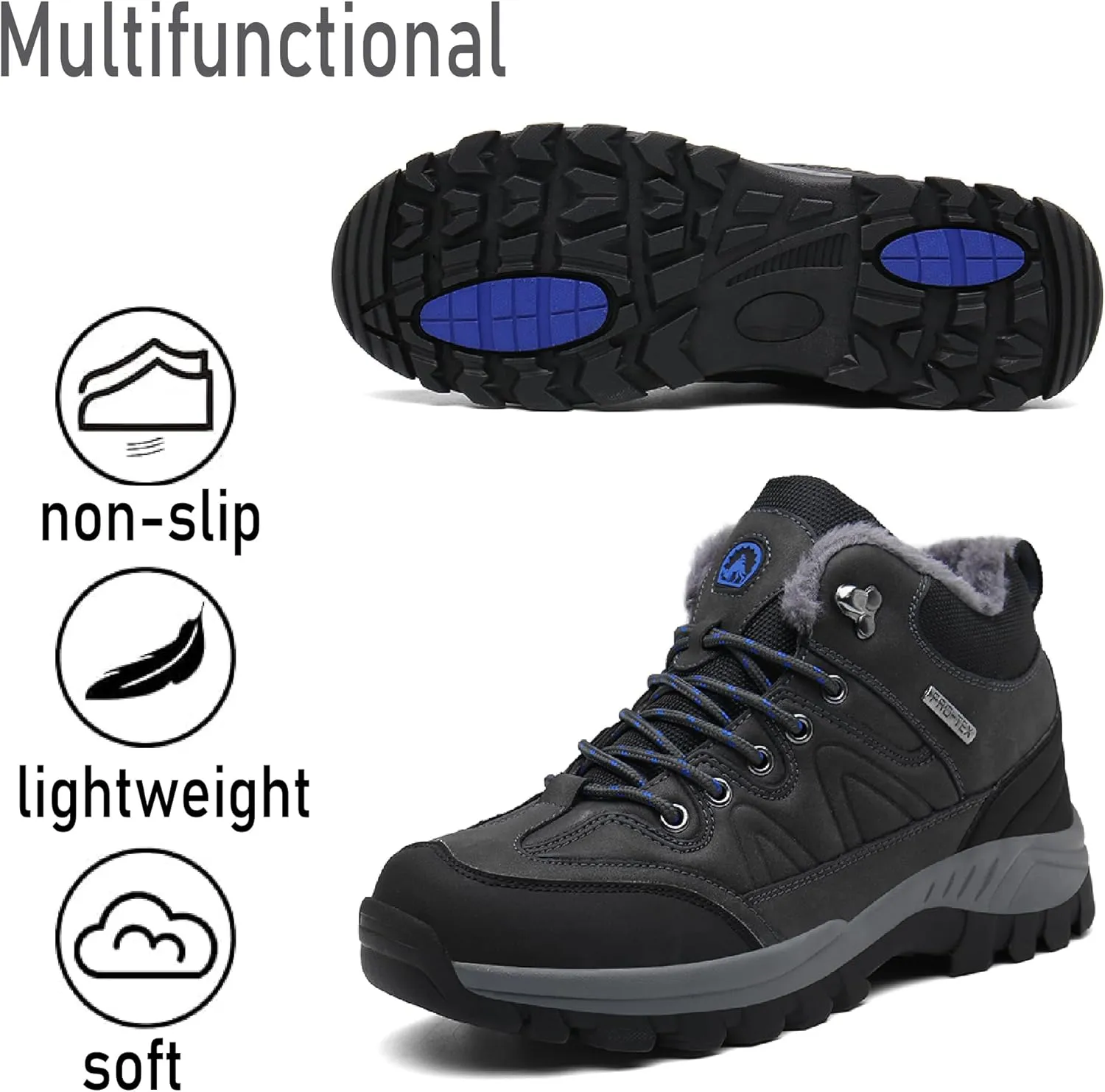 Asifn Mens Hiking Snow Boots Padded Warm Cotton Shoes Non-slip Lightweight Sneakers Waterproof Fur Lined Bare Boots