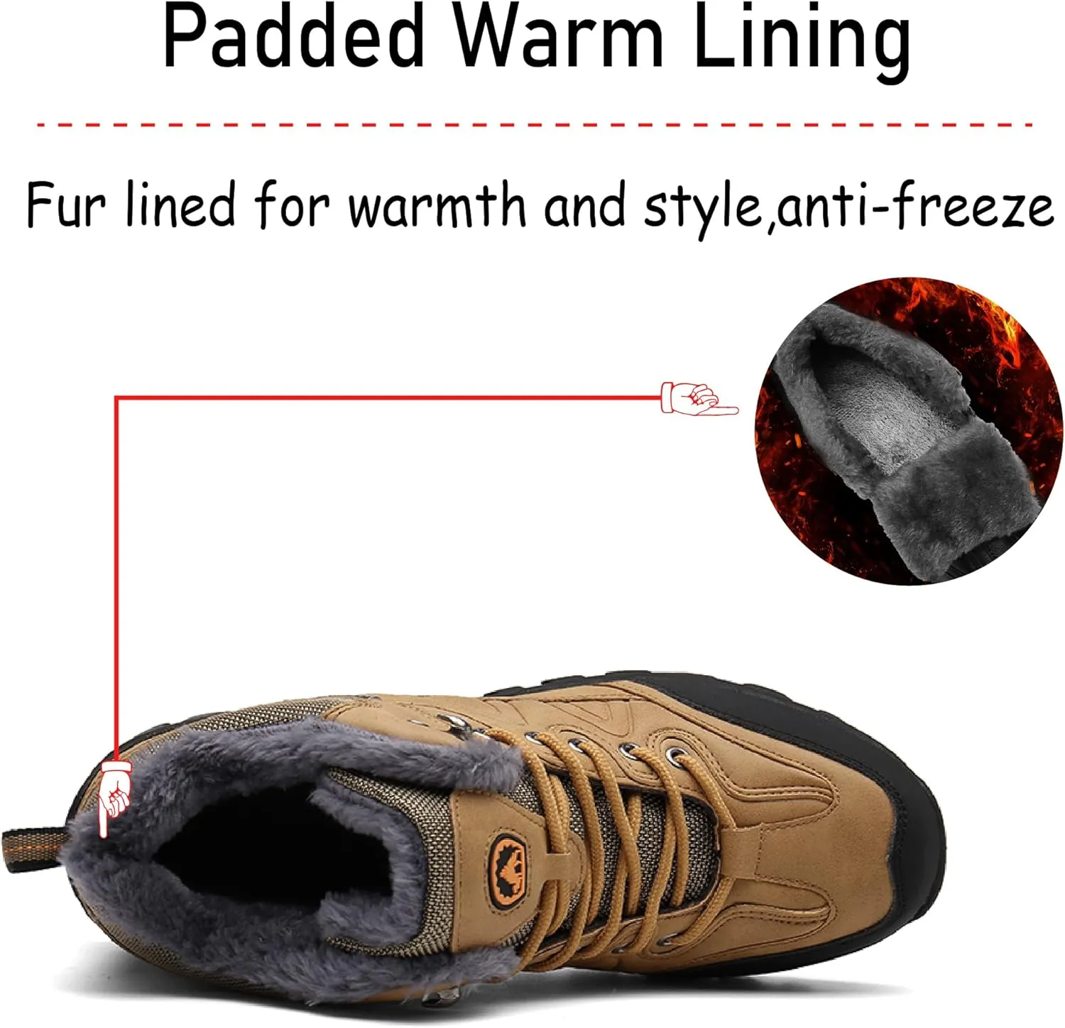 Asifn Mens Hiking Snow Boots Padded Warm Cotton Shoes Non-slip Lightweight Sneakers Waterproof Fur Lined Bare Boots
