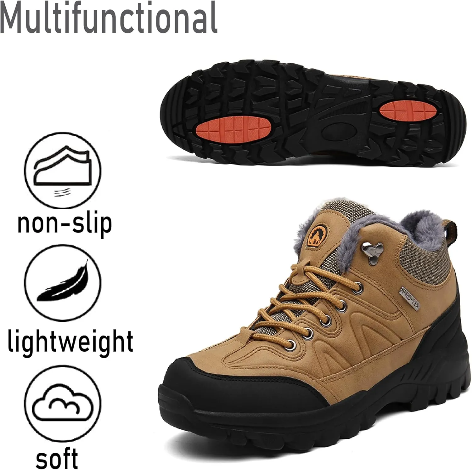 Asifn Mens Hiking Snow Boots Padded Warm Cotton Shoes Non-slip Lightweight Sneakers Waterproof Fur Lined Bare Boots