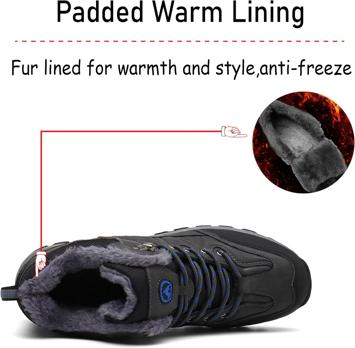 Asifn Mens Hiking Snow Boots Padded Warm Cotton Shoes Non-slip Lightweight Sneakers Waterproof Fur Lined Bare Boots