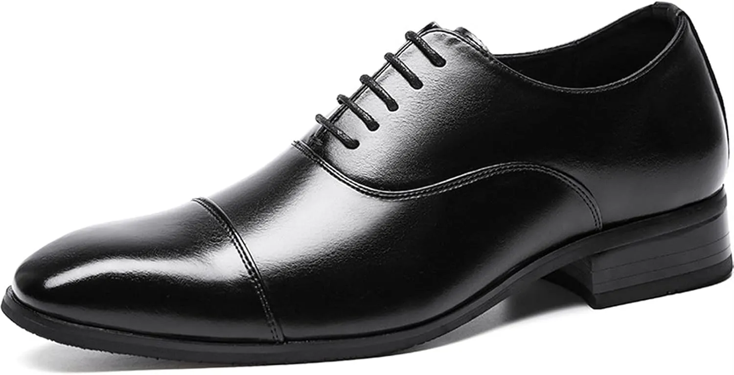 Formal Dress Shoes for Men Lace Up Cap Toe Black Burnished Toe Vegan Leather Anti-Slip Block Heel Non Slip Classic