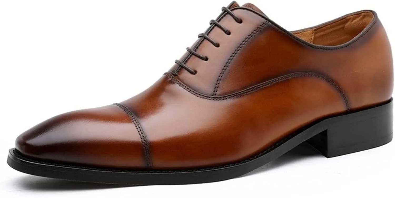 Formal Shoes for Men Lace Up Cap Toe Burnished Toe Genuine Leather Rubber Sole Block Heel Anti-Slip Low Top Classic