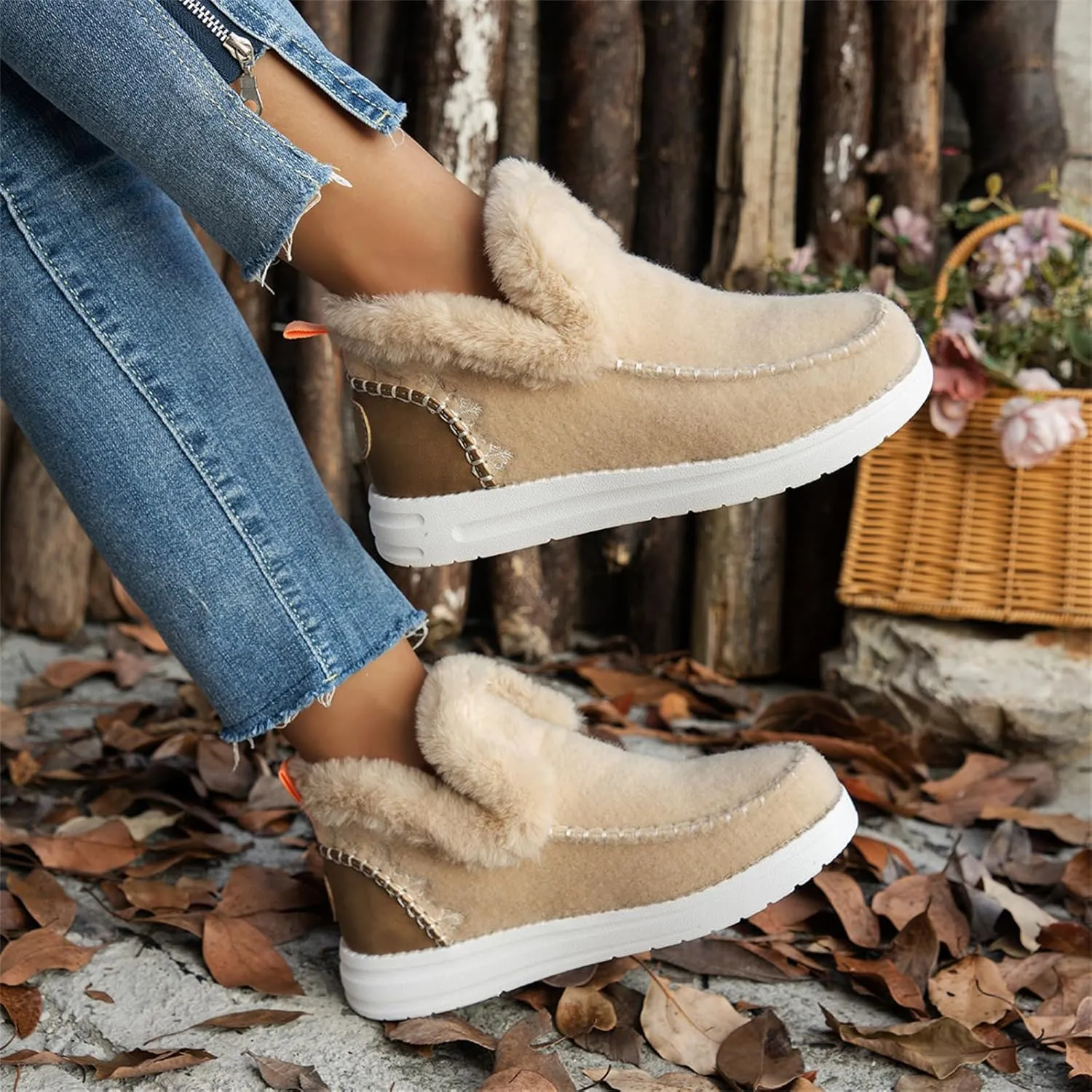 Ladmiple Winter Boots For Women 2024 Dressy Warm Fur Lined Snow Boots Short Ankle Booties Slip On Comfortable Loafers Shoes