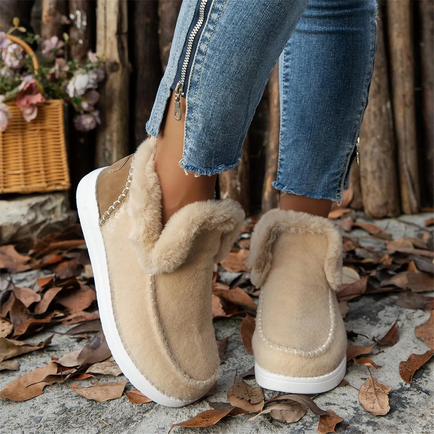 Ladmiple Winter Boots For Women 2024 Dressy Warm Fur Lined Snow Boots Short Ankle Booties Slip On Comfortable Loafers Shoes