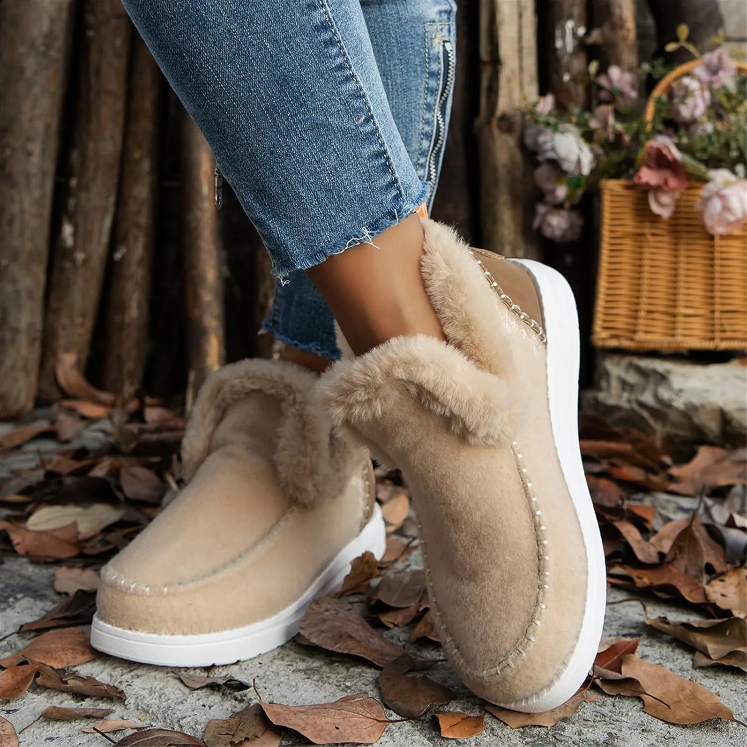Ladmiple Winter Boots For Women 2024 Dressy Warm Fur Lined Snow Boots Short Ankle Booties Slip On Comfortable Loafers Shoes
