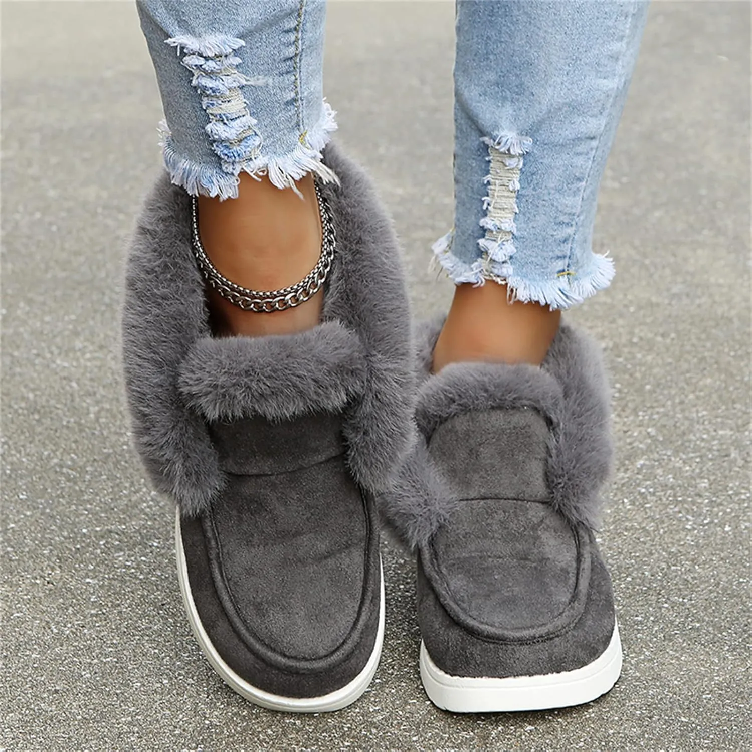 Lausiuoe Winter Boots For Women 2022 Trendy Classic Fuzzy Fur Lining Slip On Ankle Booties Warm Casual Loafers Sneakers
