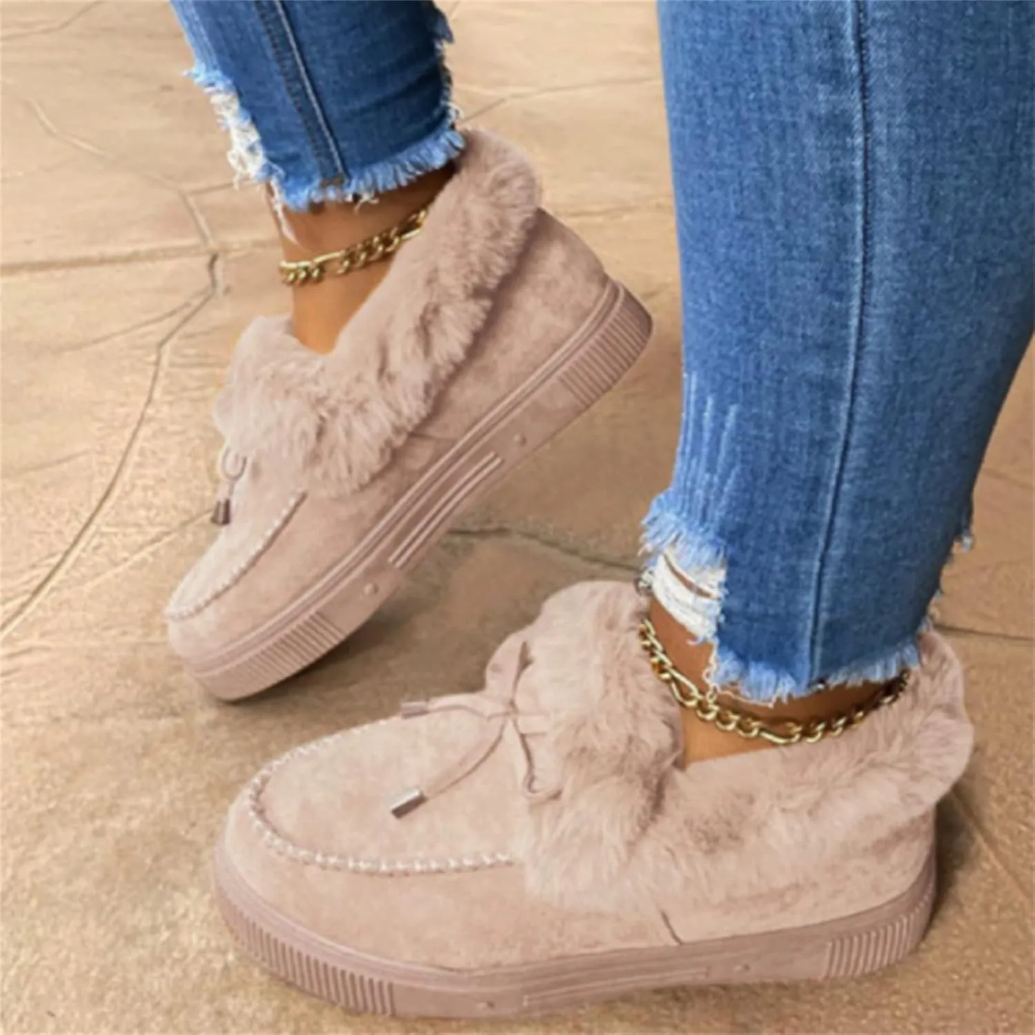 Lausiuoe Winter Boots For Women 2022 Trendy Fuzzy Booties Warm Fluffy Silp On Comfortable Casual Ankle Boots Loafers