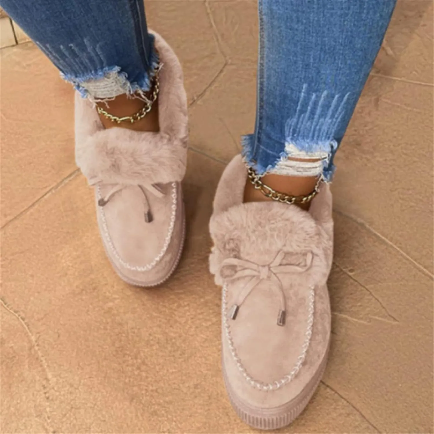 Lausiuoe Winter Boots For Women 2022 Trendy Fuzzy Booties Warm Fluffy Silp On Comfortable Casual Ankle Boots Loafers