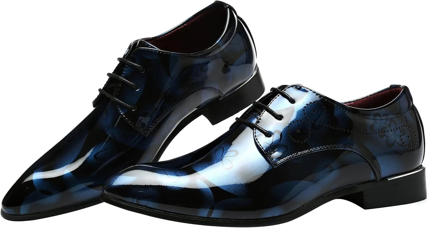 Men Fashion Shoes Dress Pointed Toe Floral Patent Leather Lace Up Oxford Black Brown Red Grey