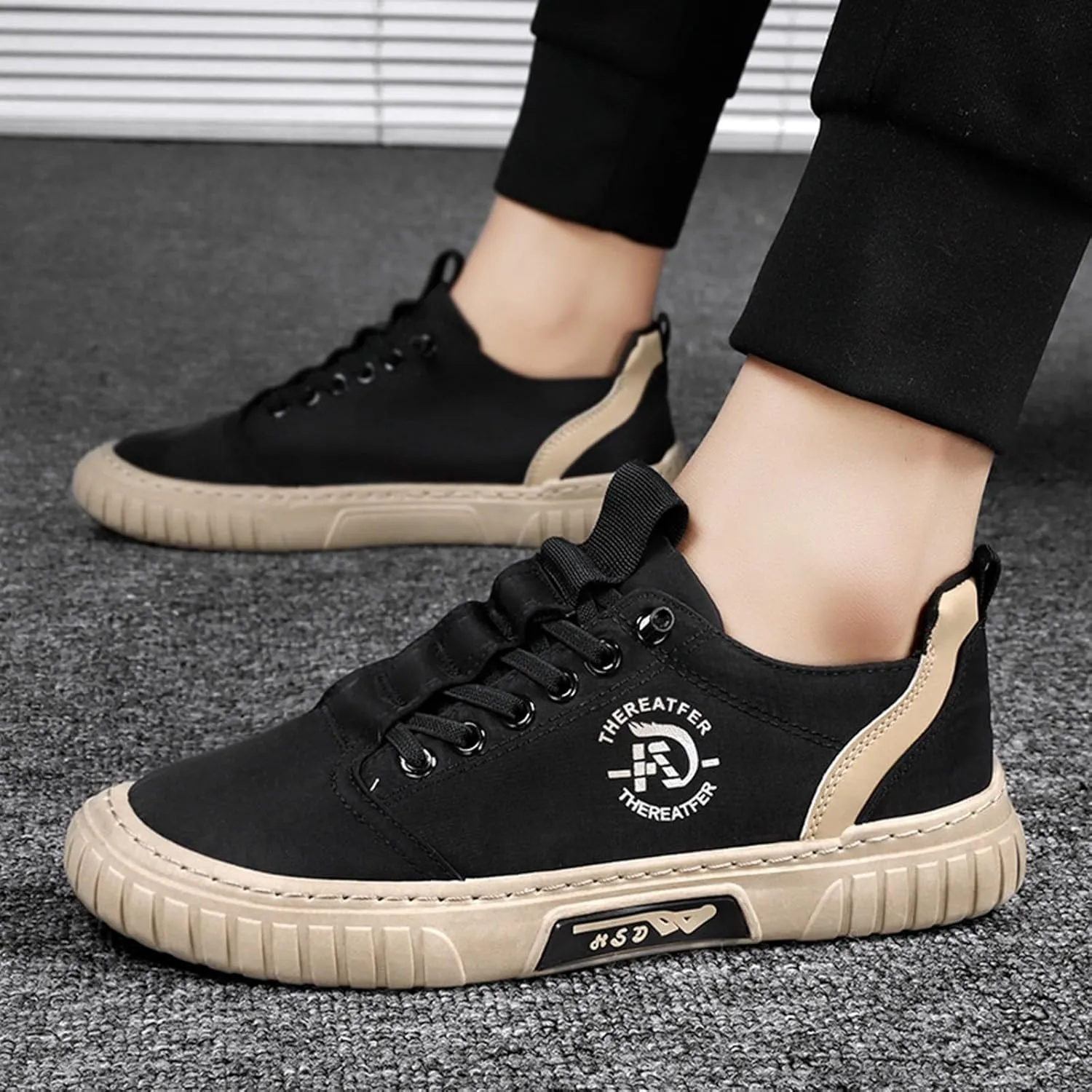 Men Sneakers Low Top Breathable Casual Sneakers Walking Canvas Shoes Mens Slip on Shoes Casual Leather