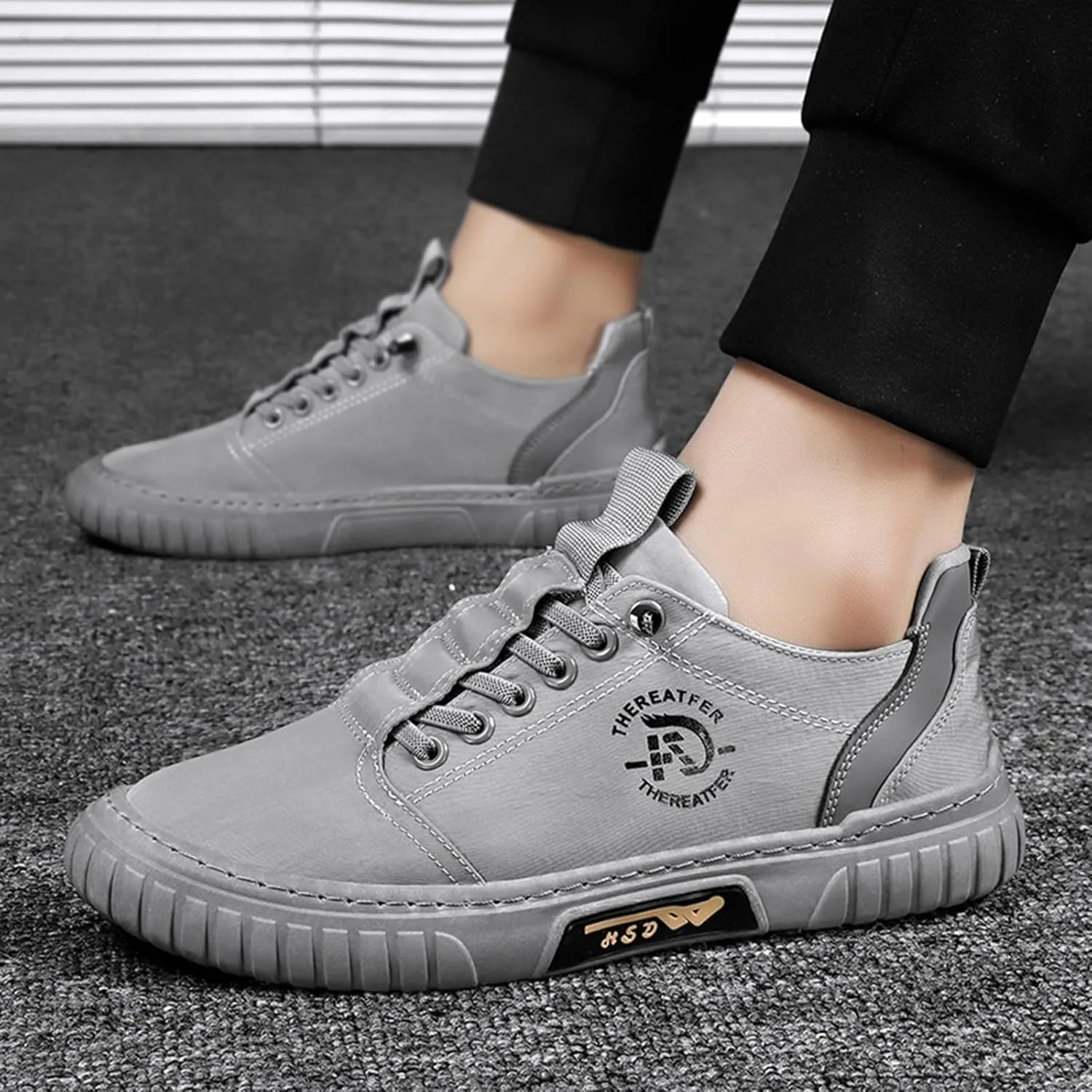 Men Sneakers Low Top Breathable Casual Sneakers Walking Canvas Shoes Mens Slip on Shoes Casual Leather