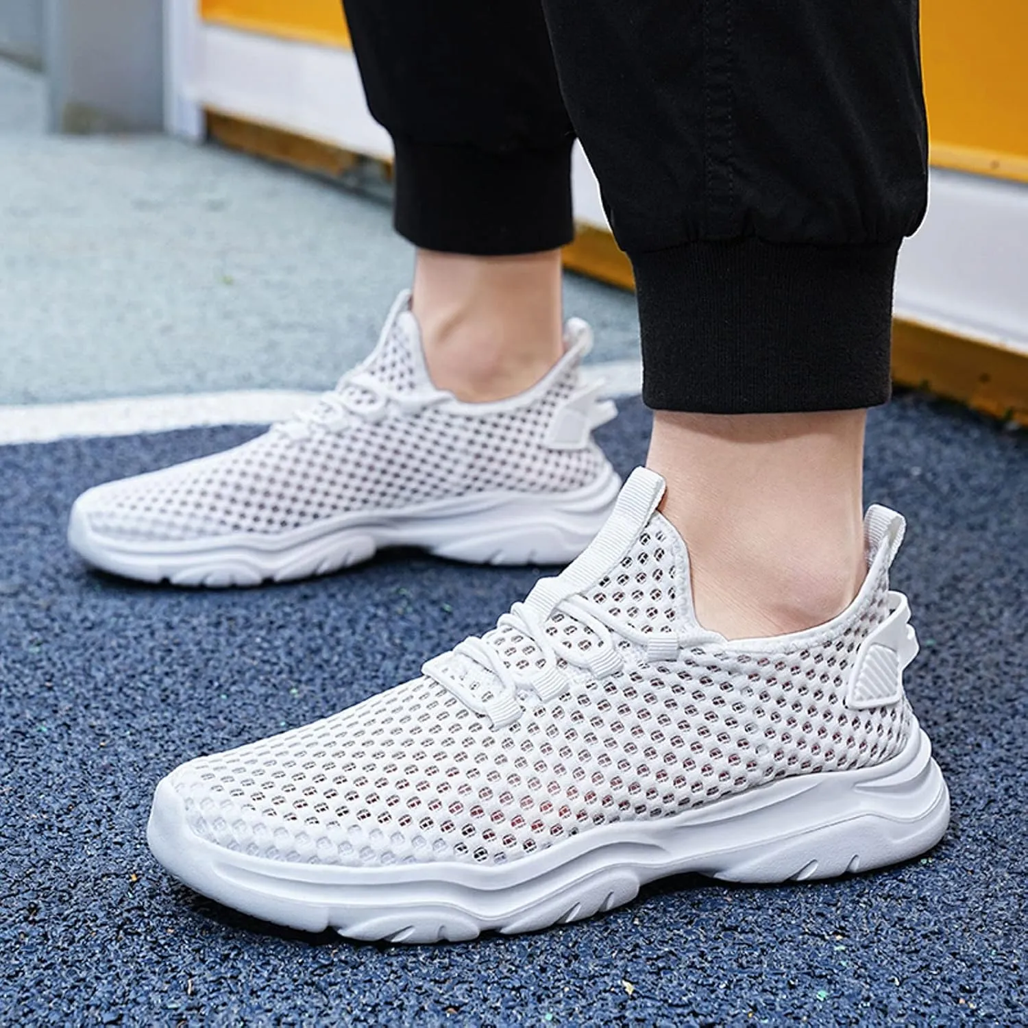 Mens Breathable Lace Up Running Shoes Breathable Elastic Fly Woven Mesh Sneaker Lightweight Work Shoes for Men