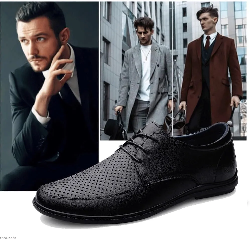 Mens Breathable Leather Dress Shoes Office Business Wedding Casual Hollow Design Black Comfortable