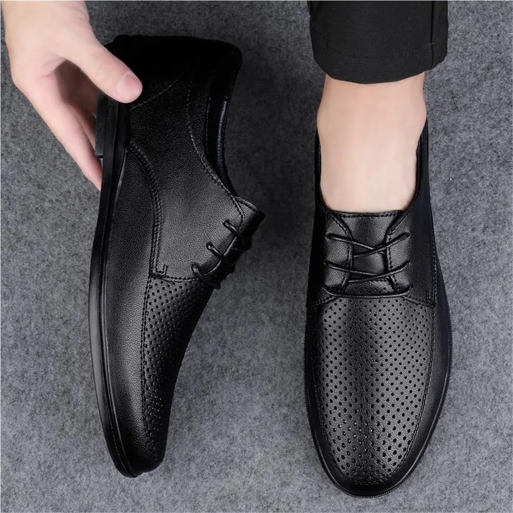 Mens Breathable Leather Dress Shoes Office Business Wedding Casual Hollow Design Black Comfortable