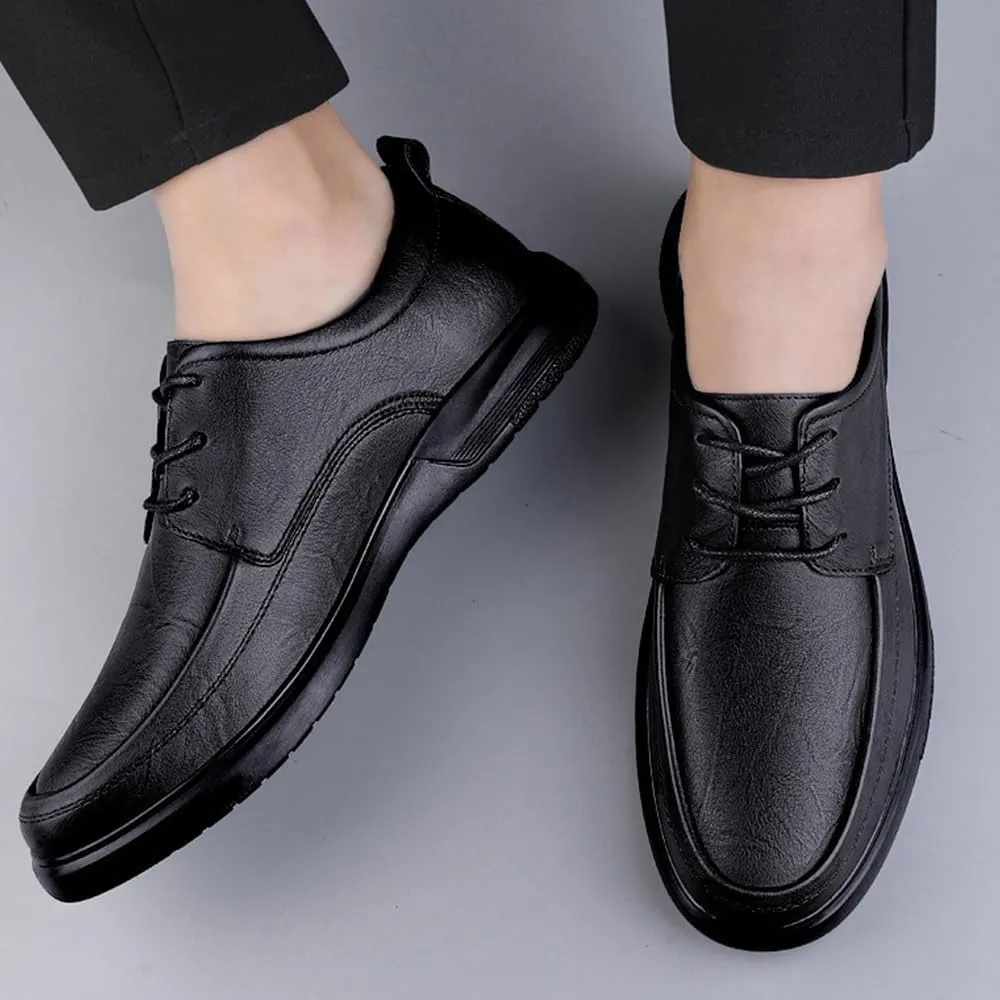 Mens Derby Shoes Genuine Non-Slip Fashion Classic Round-Toe Low Top Block High Heel Leather Oxford