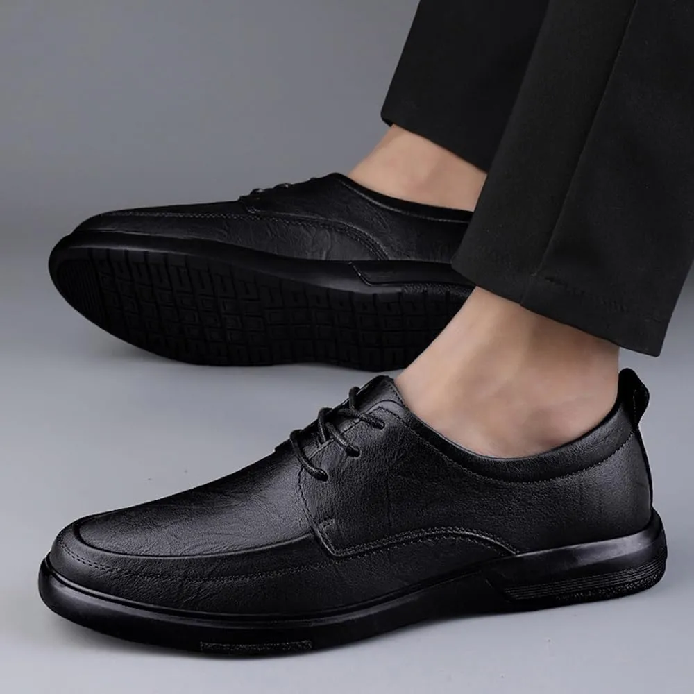 Mens Derby Shoes Genuine Non-Slip Fashion Classic Round-Toe Low Top Block High Heel Leather Oxford