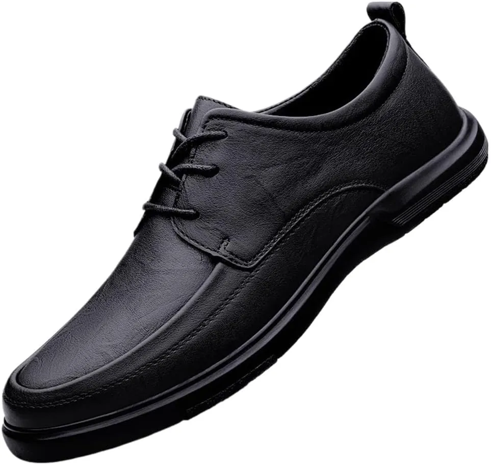 Mens Derby Shoes Genuine Non-Slip Fashion Classic Round-Toe Low Top Block High Heel Leather Oxford