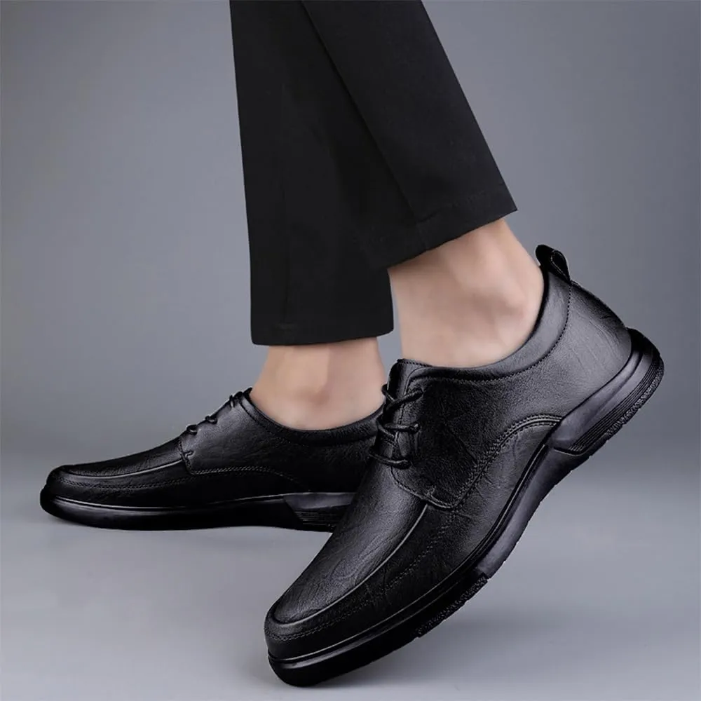 Mens Derby Shoes Genuine Non-Slip Fashion Classic Round-Toe Low Top Block High Heel Leather Oxford