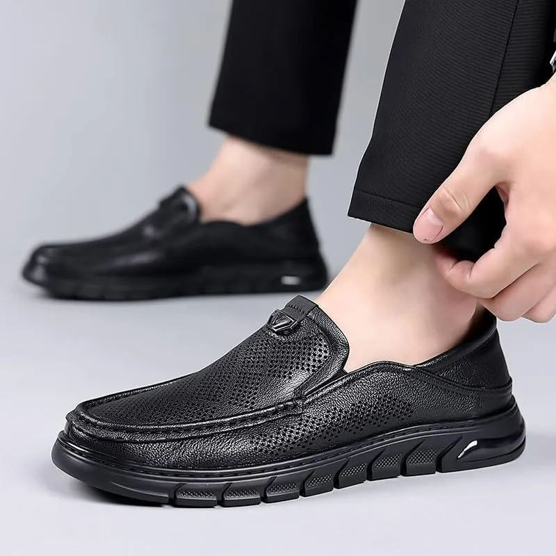 Men's Slip-On Leather New Breathable Oxford Shoes Prom Wedding Business Office Dress Mesh Shoes