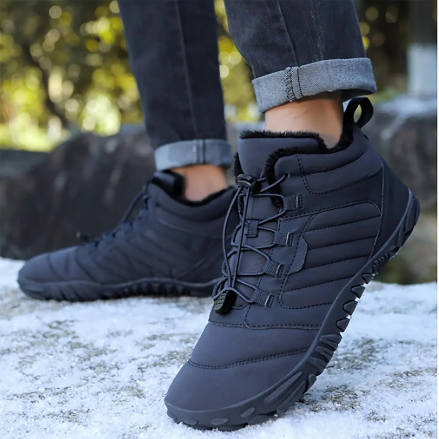 Mens Work Boots Slip On Hiking Sneakers Shoes with Fur Lined Working Shoes for Women Non-Slip Wide Outdoor Shoes Slip on Loafers Hike Grounded Footwear