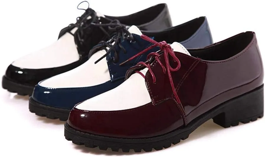 MIOKE Women's Pointed Toe Pump Oxfords Patent Leather Lace Up Chunky Block Mid Heel Western Dress Shoes