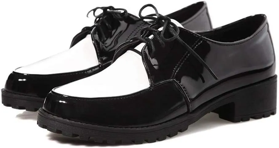 MIOKE Women's Pointed Toe Pump Oxfords Patent Leather Lace Up Chunky Block Mid Heel Western Dress Shoes