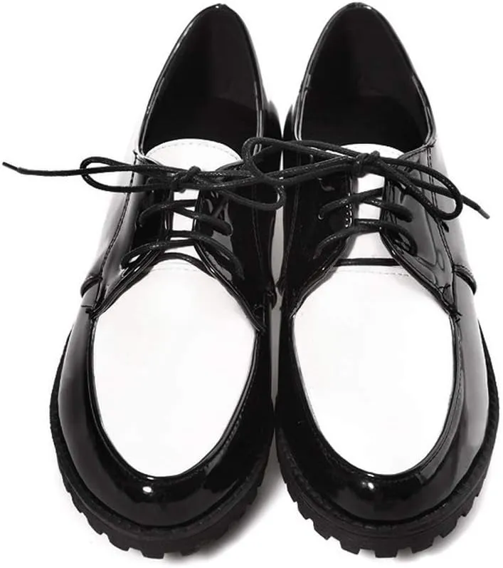 MIOKE Women's Pointed Toe Pump Oxfords Patent Leather Lace Up Chunky Block Mid Heel Western Dress Shoes
