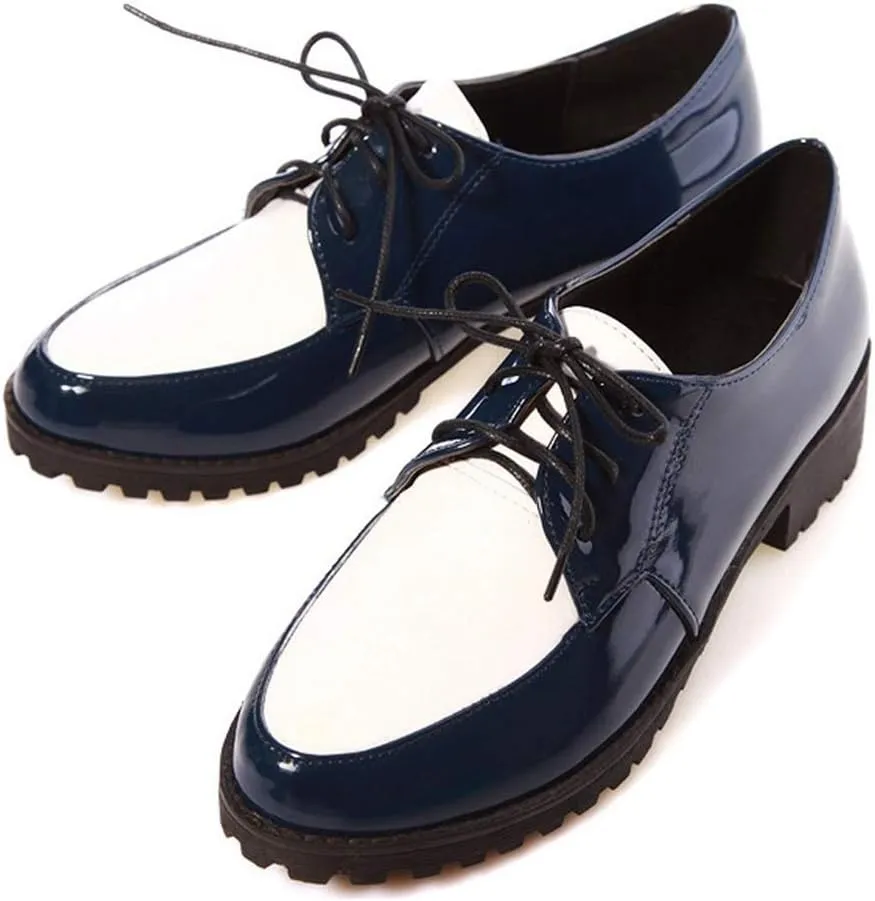 MIOKE Women's Pointed Toe Pump Oxfords Patent Leather Lace Up Chunky Block Mid Heel Western Dress Shoes
