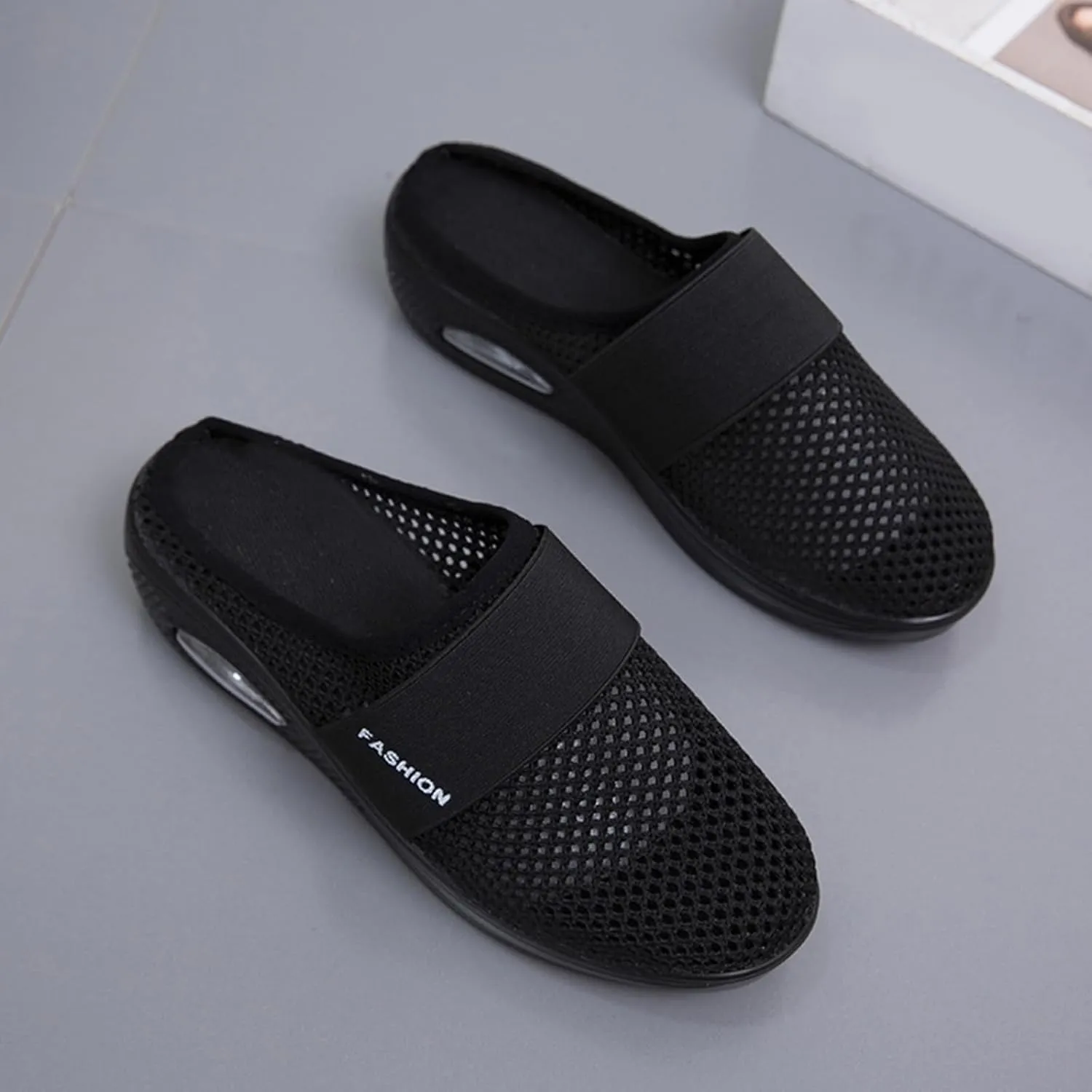 Mules for Women Breathable Mesh Walking Mules Sneakers Open Back Slip On Shoes Diabetic Air-Cushion Slip-On Walking Shoes Orthopedic Diabetic Slippers Closed Toe Slides Beach Sandals