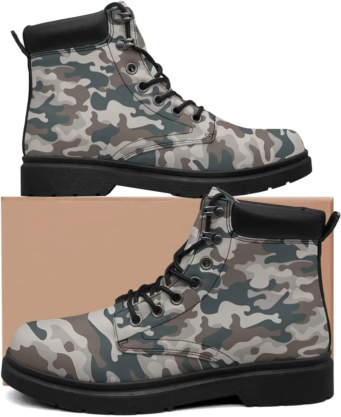 Pink Camo Leaf Boots Womens Snow Boots Ankle Anti-Slip Combat Boots Lace Up Winter Waterproof Leather Boots Shoes Gifts for Women