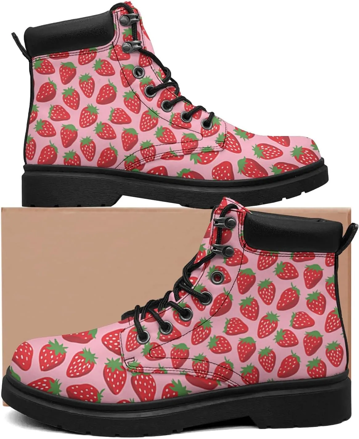 Pitovozu Strawberry Plants Floral Boots Womens Mens Snow Boots Ankle Anti-Slip Combat Boots Lace Up Waterproof Leather Boots Shoes Gifts for Women Men
