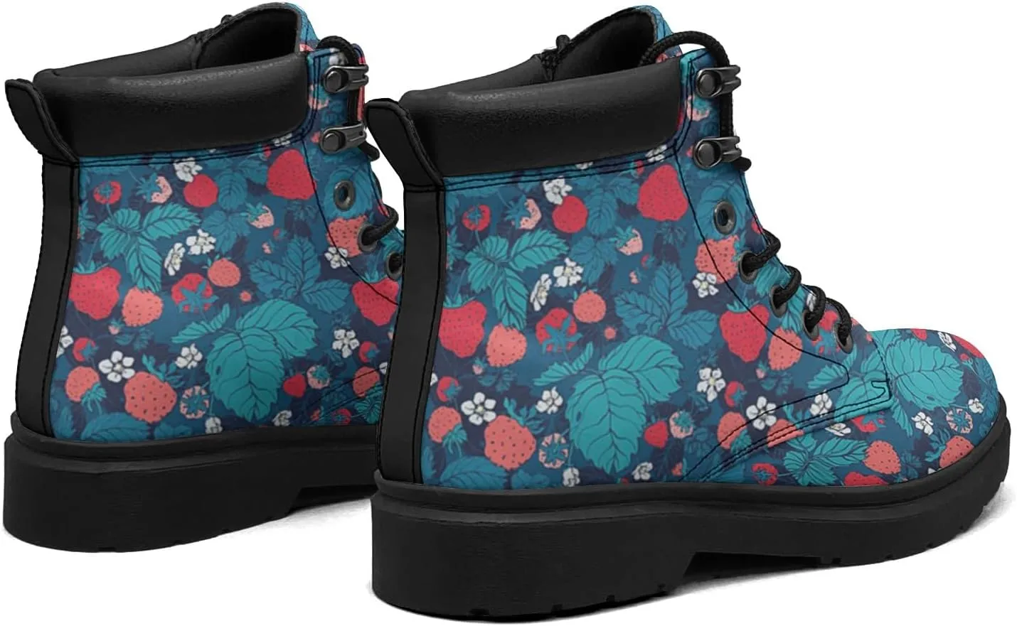 Pitovozu Strawberry Plants Floral Boots Womens Mens Snow Boots Ankle Anti-Slip Combat Boots Lace Up Waterproof Leather Boots Shoes Gifts for Women Men