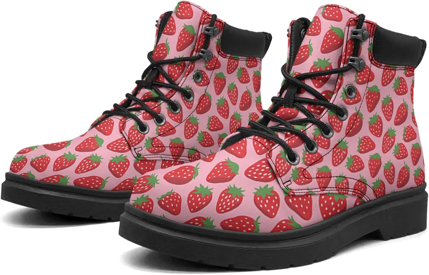 Pitovozu Strawberry Plants Floral Boots Womens Mens Snow Boots Ankle Anti-Slip Combat Boots Lace Up Waterproof Leather Boots Shoes Gifts for Women Men