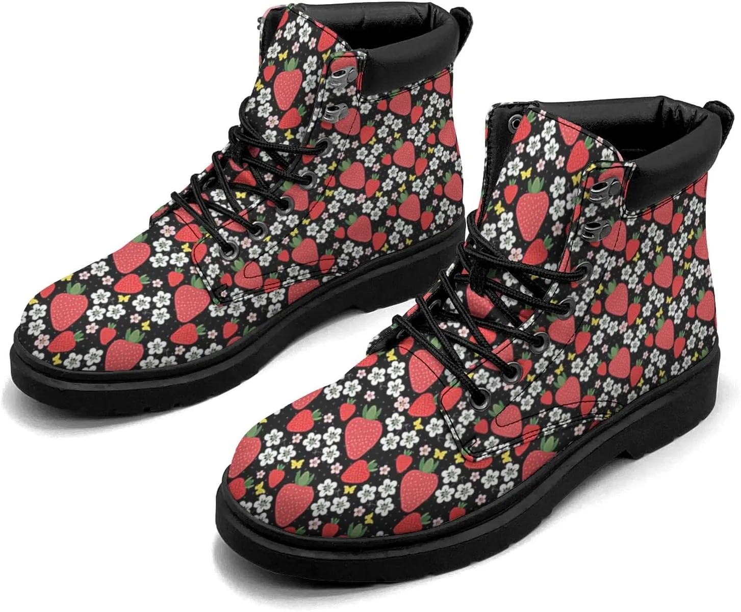 Pitovozu Strawberry Plants Floral Boots Womens Mens Snow Boots Ankle Anti-Slip Combat Boots Lace Up Waterproof Leather Boots Shoes Gifts for Women Men