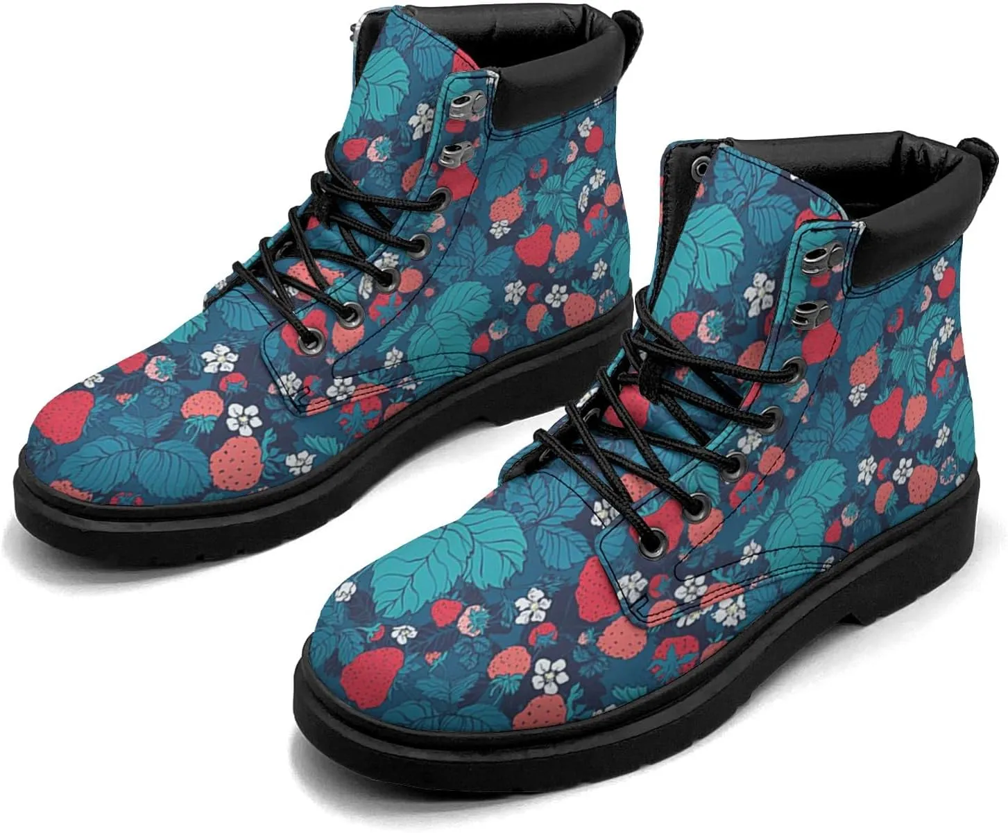 Pitovozu Strawberry Plants Floral Boots Womens Mens Snow Boots Ankle Anti-Slip Combat Boots Lace Up Waterproof Leather Boots Shoes Gifts for Women Men