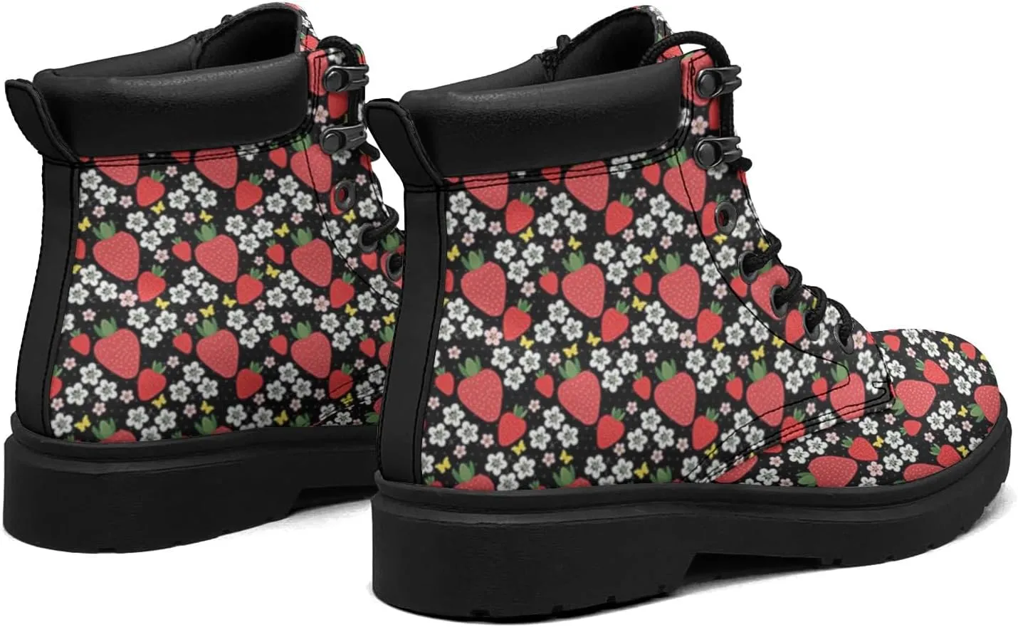 Pitovozu Strawberry Plants Floral Boots Womens Mens Snow Boots Ankle Anti-Slip Combat Boots Lace Up Waterproof Leather Boots Shoes Gifts for Women Men