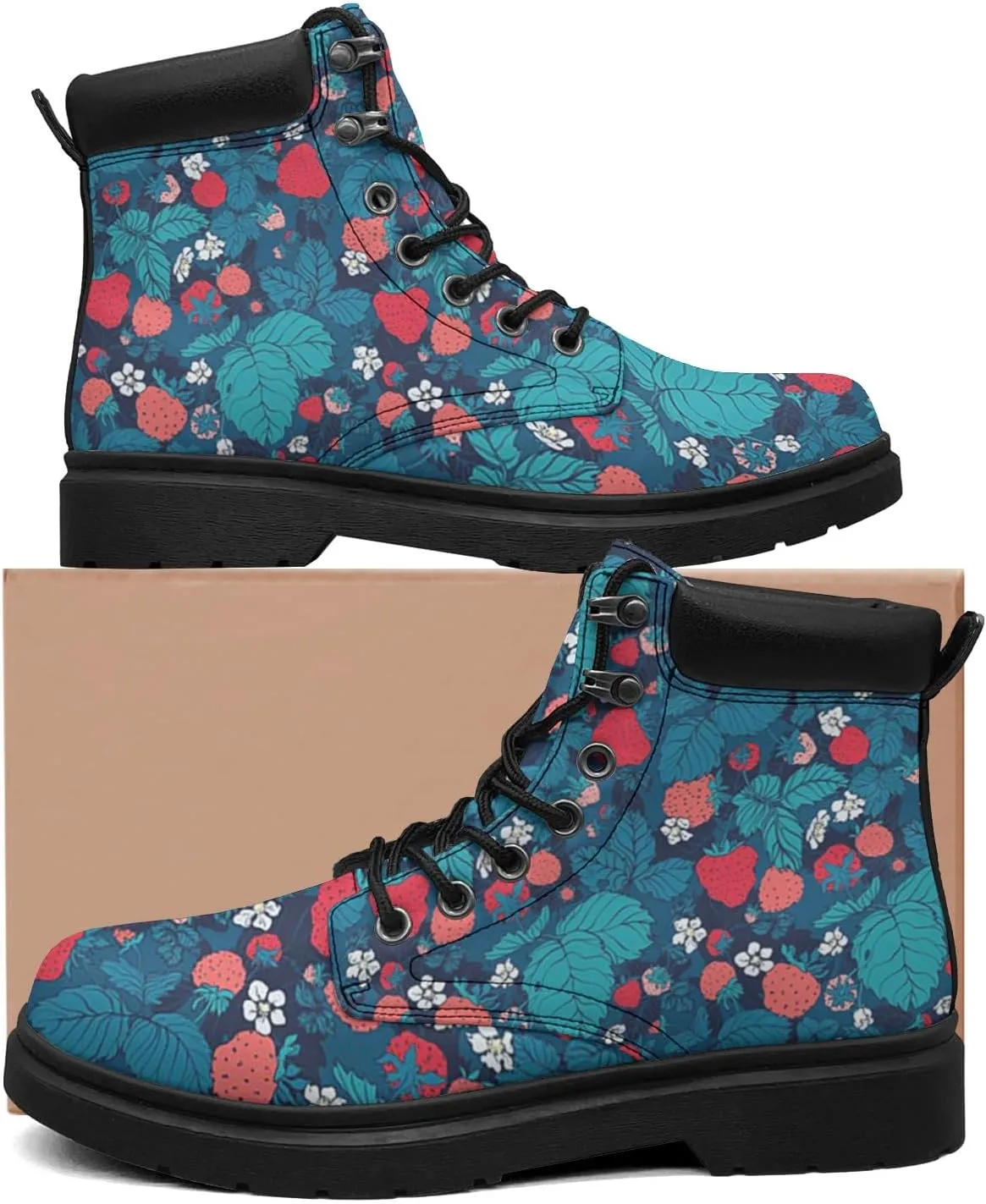 Pitovozu Strawberry Plants Floral Boots Womens Mens Snow Boots Ankle Anti-Slip Combat Boots Lace Up Waterproof Leather Boots Shoes Gifts for Women Men