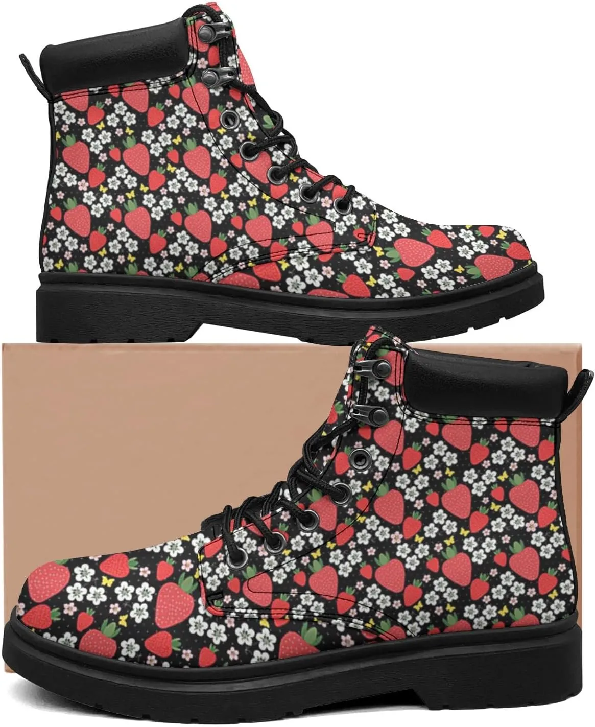 Pitovozu Strawberry Plants Floral Boots Womens Mens Snow Boots Ankle Anti-Slip Combat Boots Lace Up Waterproof Leather Boots Shoes Gifts for Women Men