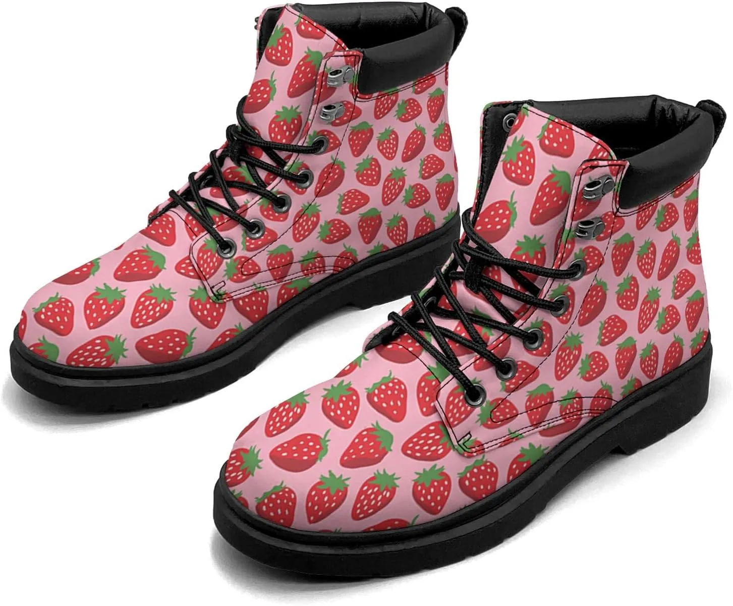 Pitovozu Strawberry Plants Floral Boots Womens Mens Snow Boots Ankle Anti-Slip Combat Boots Lace Up Waterproof Leather Boots Shoes Gifts for Women Men