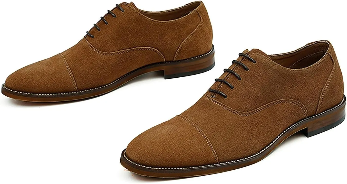 Santimon Men's Handmade Suede Leather Cap Toe Oxfords Fashion Dress Formal Derby Shoes
