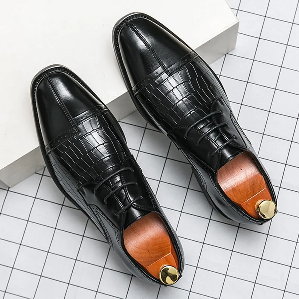 Santimon Men's Leather Dress Shoes with Crocodile Pattern Lace-Up Oxfords for Business, Weddings & Formal Events Derby Shoes