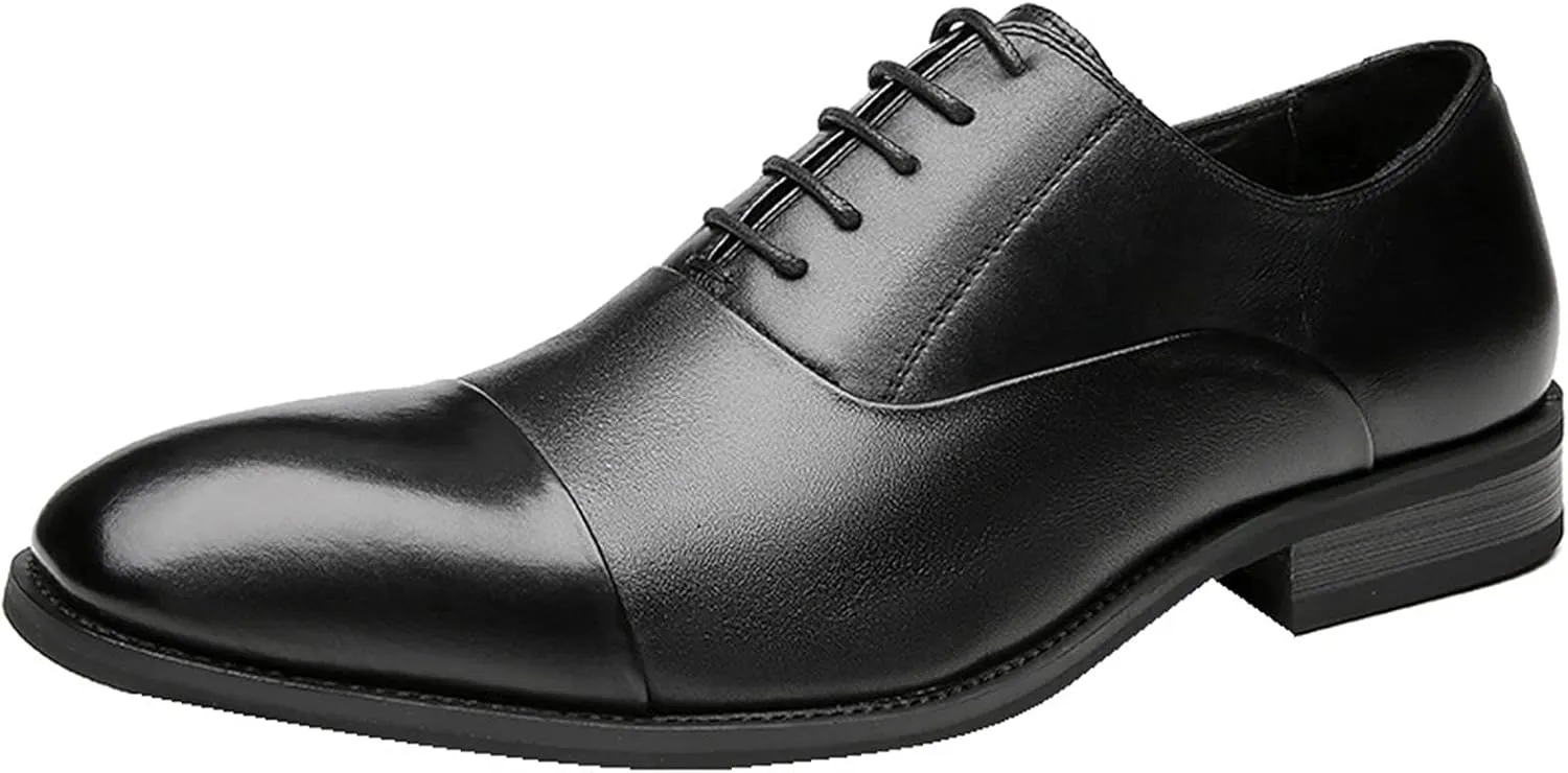 Single Season Dress Oxford for Men Lace Up Cap Toe Breathable Round Toe Genuine Leather Slip Resistant Rubber Sole Block Heel Low Top Non Slip Prom Very Popular Among Young People