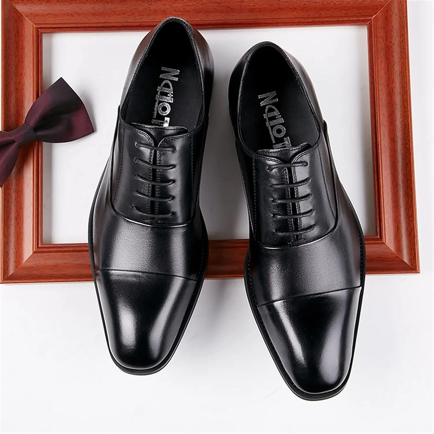 Single Season Dress Oxford for Men Lace Up Cap Toe Breathable Round Toe Genuine Leather Slip Resistant Rubber Sole Block Heel Low Top Non Slip Prom Very Popular Among Young People