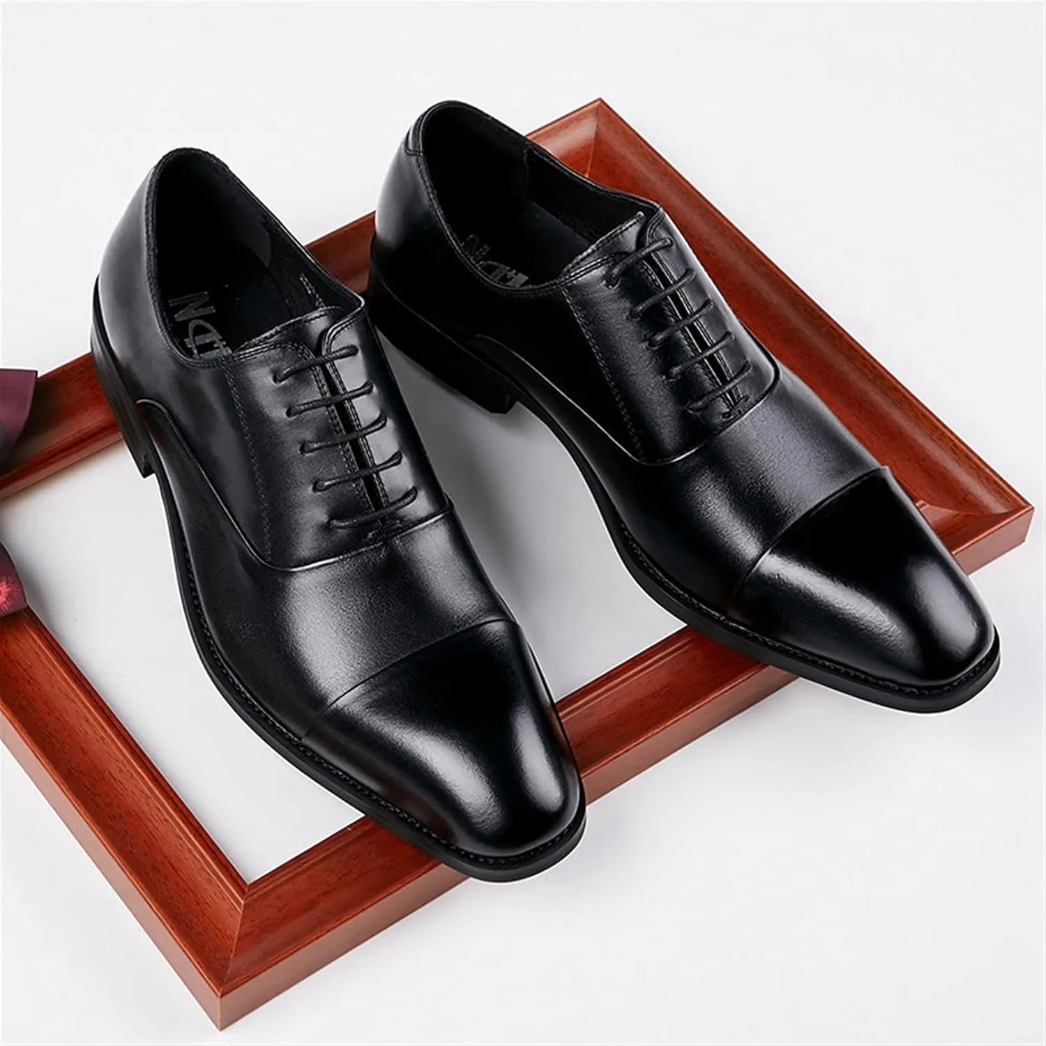 Single Season Dress Oxford for Men Lace Up Cap Toe Breathable Round Toe Genuine Leather Slip Resistant Rubber Sole Block Heel Low Top Non Slip Prom Very Popular Among Young People