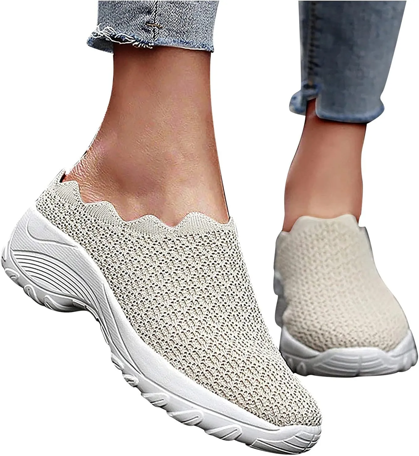 Slip On Shoes for Women Summer Fashion Wedge Shoes Breathable Fly Woven Mesh Shoes Arch Support Shoes