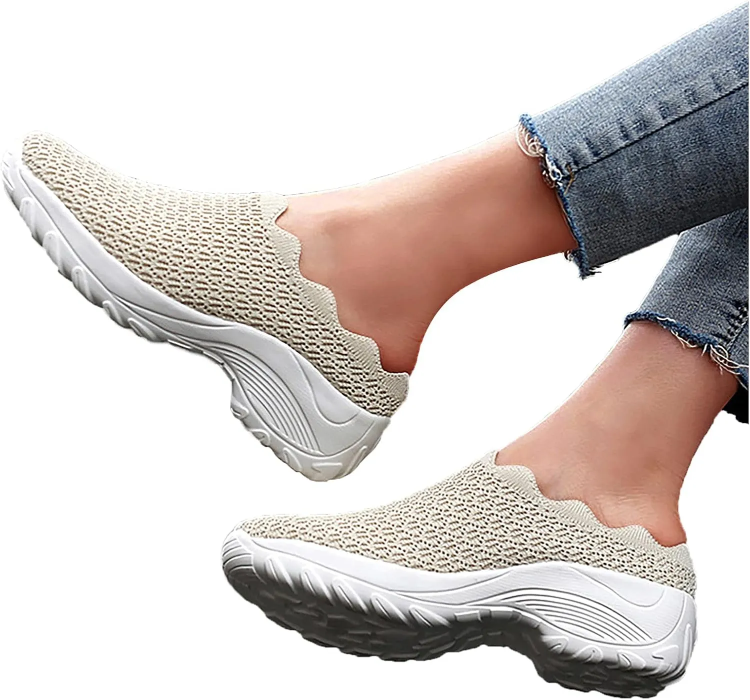 Slip On Shoes for Women Summer Fashion Wedge Shoes Breathable Fly Woven Mesh Shoes Arch Support Shoes