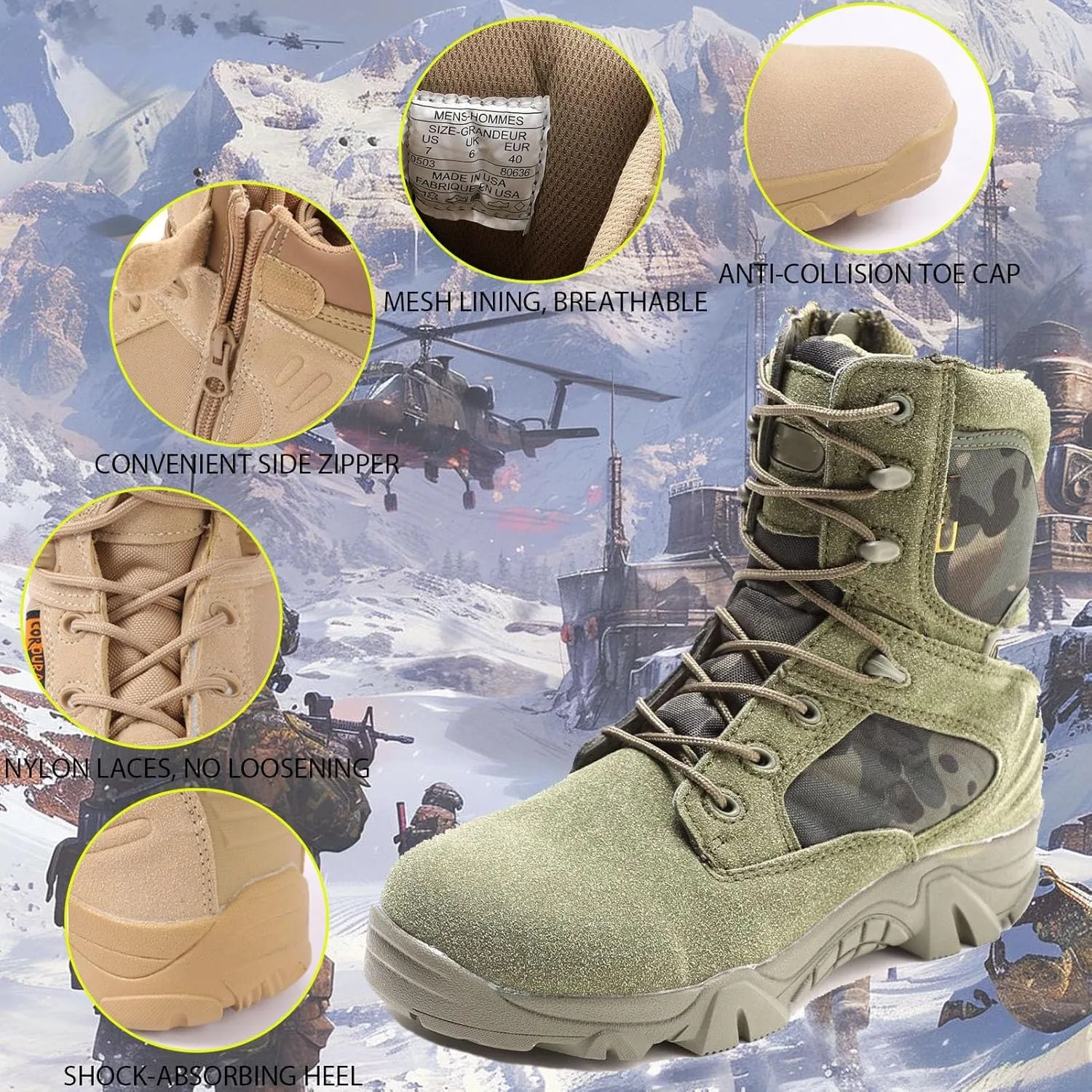 Tactical Combat Boots with Side Zipper | Waterproof, Slip-Resistant, Lightweight Military Boots for Hiking, Trekking, & Work