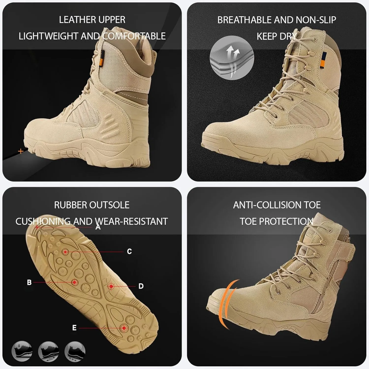 Tactical Combat Boots with Side Zipper | Waterproof, Slip-Resistant, Lightweight Military Boots for Hiking, Trekking, & Work