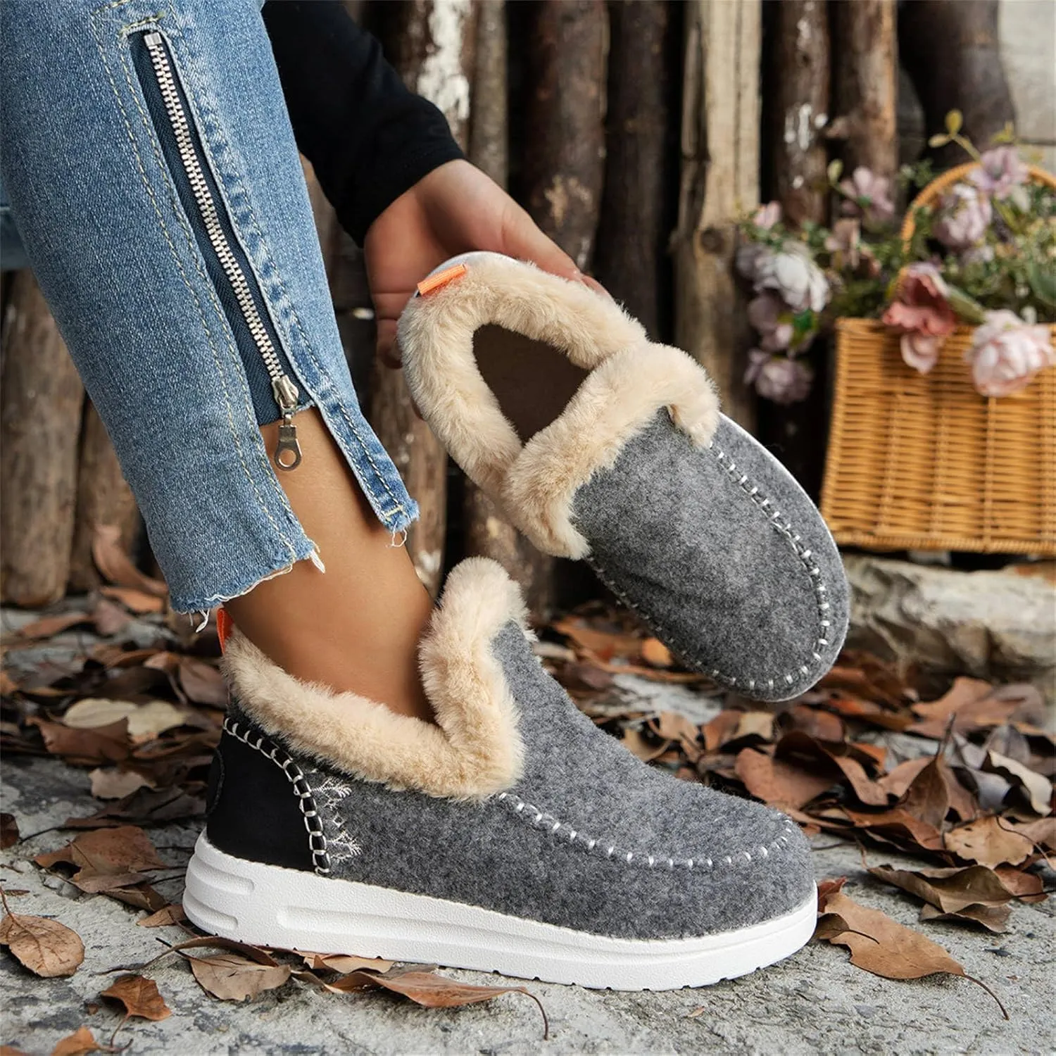 Winter Boots For Women 2024 Dressy Casual Slip-on Warm Loafers Shoes Faux Fur-Lined Comfortable Snow Ankle Boots
